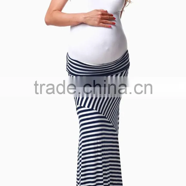 Fold Over Waistband Navy Blue White Print Maternity Long Skirts photo-4