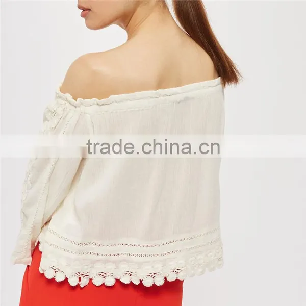 Factory Direct Sale Boho Style off Shoulder Crochet Long Sleeve Female Tops photo-3