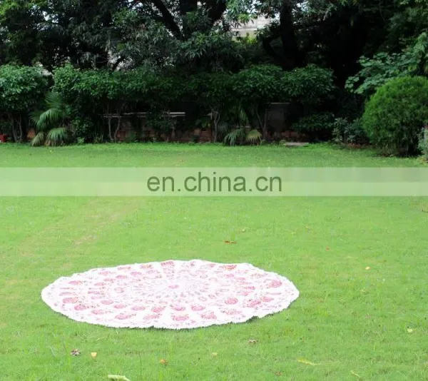 72" Indian Mandala Hippie Orange Mandala Round Roundie Tapestries Hippy Boho Gypsy Round Beach Throw Yoga Mat Pom Pom photo-3