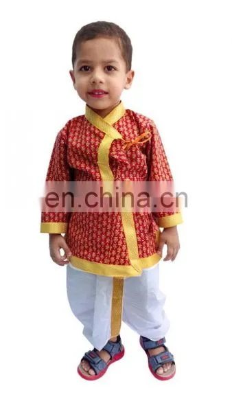 Indian Kids Om Print Saffron Dhoti Kurta, Boy's Traditional Angrakha Set, Dhoti Suit, Kids Baby Wear, Ethnic Dress.