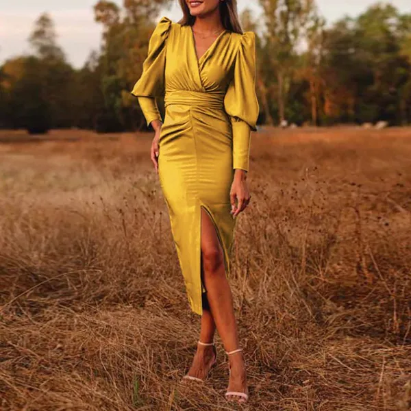 Simple and Generous Solid Color V-neck Split Women Dress photo-2