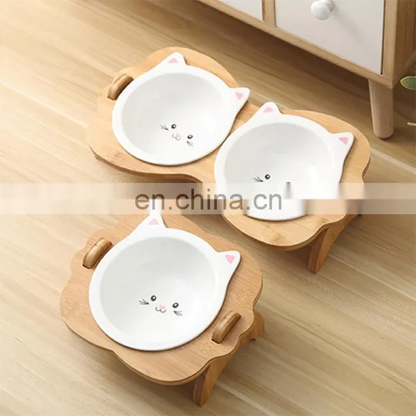 Eco Friendly Custom Designer Luxury Ceramic Stand Elevated Raised Dog Cat Pet Water Food Bowls & Feeders Bamboo Rack Frame photo-3