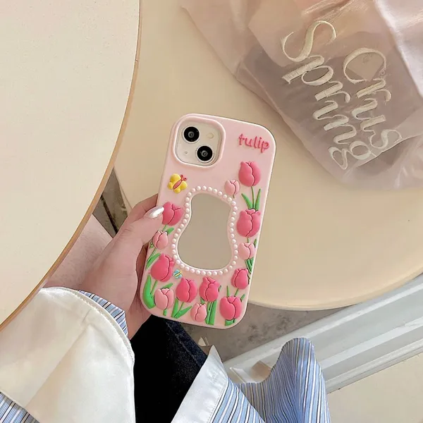 Pink Tulip Mirror Silicone Case IPhone 15 14 13 Pro Max Shockproof Case Back Cover