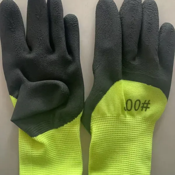 Fluorescent Green Polyester Thread 13 Gauge Knitted Black Wrinkled Foamed Latex Palm and Fingers Coated Safety Work Gloves