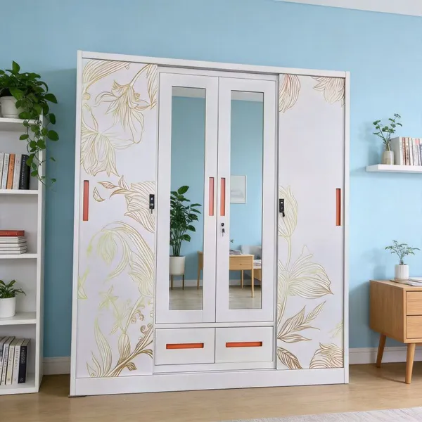  Multi‑purpose Knock‑down 3‑Door 4‑Door Steel Wardrobe Pattern Printed Finish Clothes Storage Cabinet With Mirror And Drawers Custom Color