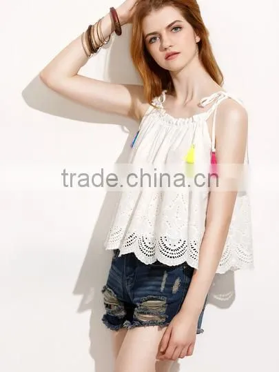 Tank-Tops&Camis Latest Fashion Design Women Clothing Beige Tassel Tie Shoulder Scallop Hem Cami Top photo-5