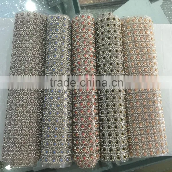 Multi Colors Ceramic Pearl With Rhinestone Decorated Mesh Triming With Glue for Bags photo-2