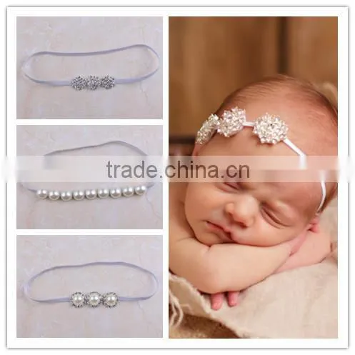 Newborn Baby Rhinestone Pearls Elastic Headband Hair Accessories / Glitter Crystal Diamond Ribbon Silk Jewelry on Sale photo-3