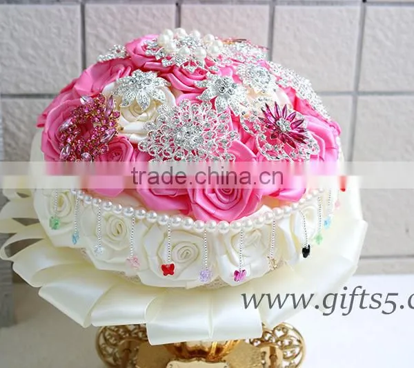 Elegant Lovrly White and Pink Wedding Bouquet With Crystal Bead Curtain photo-3