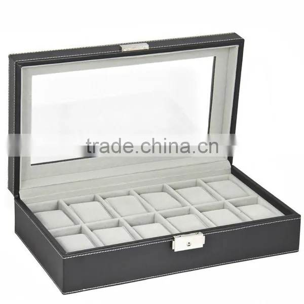 Watch Box Large 12 Mens Black Leather Display Glass Top Jewelry Case Organizer photo-2