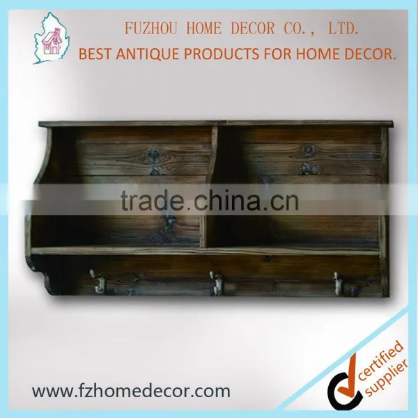 Antique Wooden Wall Shelf With Storage Drawers and Hooks photo-2