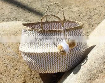 Pompom Beach Bag/Pompom Bag, White Zigzag Belly Basket With Pompom photo-3