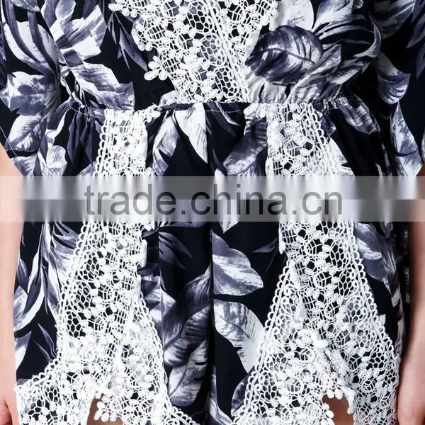 Deep V-neck Half Sleeve Tropic Bloom Crochet Wrap Romper Print Short Jumpsuit photo-6