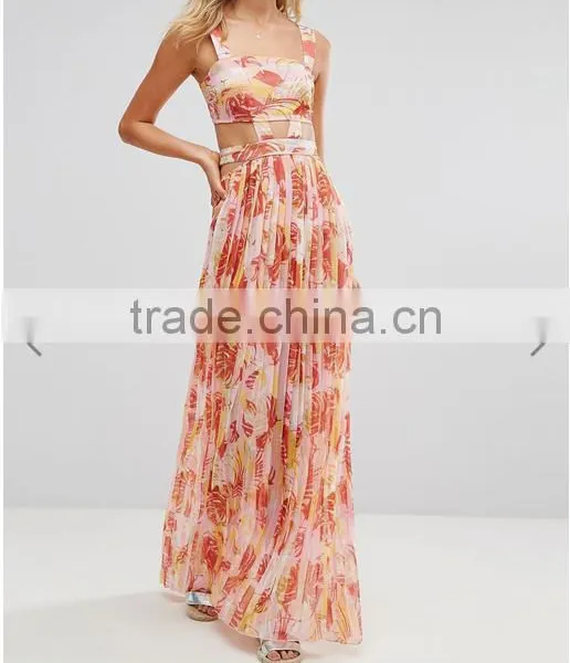 Ladies Clothes Oem Palm Print Design Square Neck Cut-out Detailing Maxi Dresses Long Beach Dress