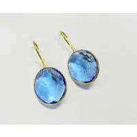 Swiss Blue Topaz Hydro Bezel Setting 17*20mm Oval Silver Gold Plated Earring