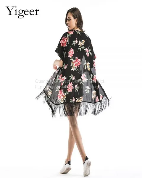 Floral Printed Fringing Hem Open Casual Chiffon Dress photo-5