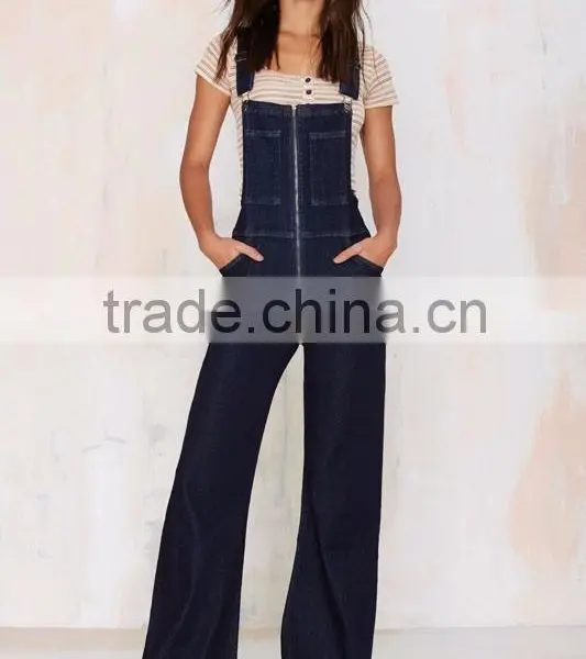 Dark Blue Zip Front, Adjustable Straps, Flared Legs, And Criss Cross Back Denim Overalls photo-2