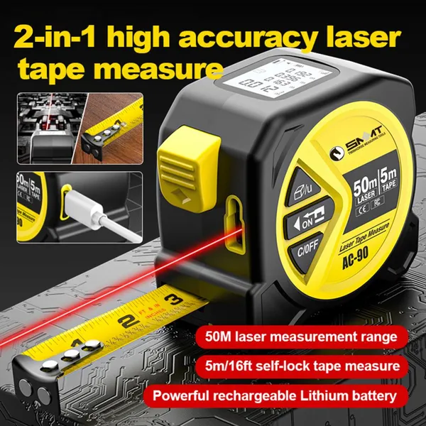 2 in 1 Digital Laser Tape Measure 165ft/50m Laser Distance Meter  LCD Screen with 16ft/5m AutoLock Measuring Tape