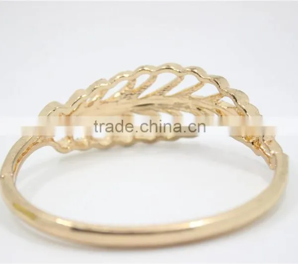 Gold Plated Fashion Design Feather Metal & White Diamond Open Cuff Bangle Bracelet For Women Gift For 2016New Intrend Style photo-3