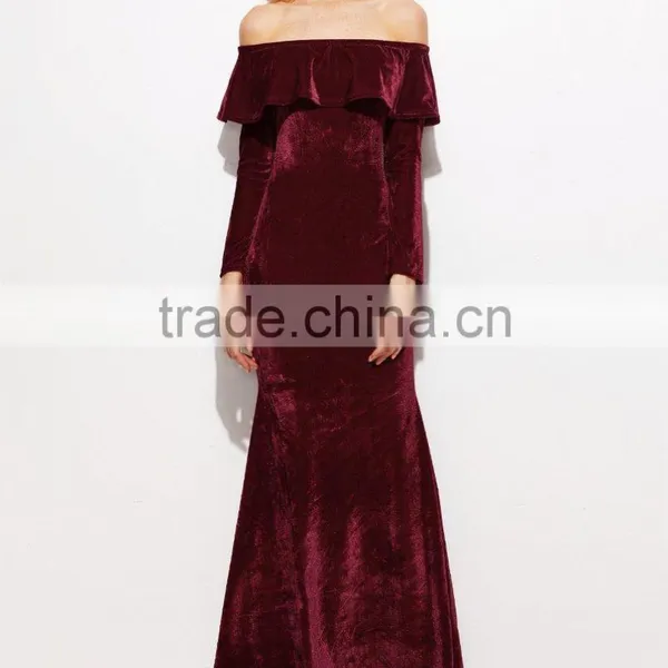 New Style Off the Shoulder Long Sleeve Flounce Layered Neckline Maxi Evening Dress Women New Sexy Fishtail Velvet Dresses photo-4