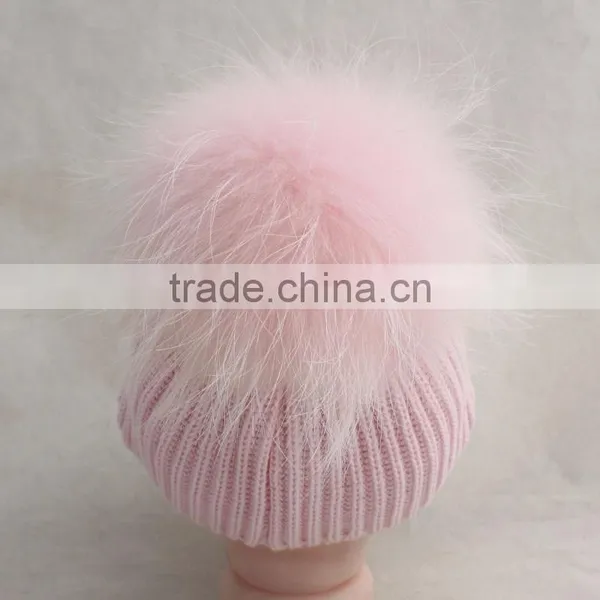 Myfur Wool Knitting Hat With Removable Pink Color Raccoon Fur Pom Pom Attached photo-4