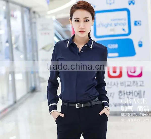 Custom High Quality Woman Clothes Fashionable Navy Blue Elegant Ladies Blouse Wholesale photo-4