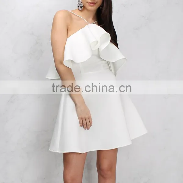 Halter Neck Women's Frill Skater Dress 2018 White Falbala Short Prom Dresses photo-3