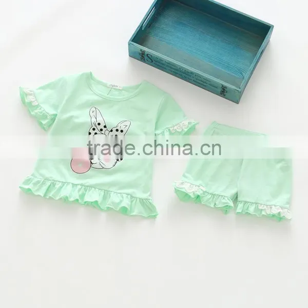 Wholesale Cartoon Printing Ruffle Summer Cotton Kids Girl Two Pieces Set photo-3