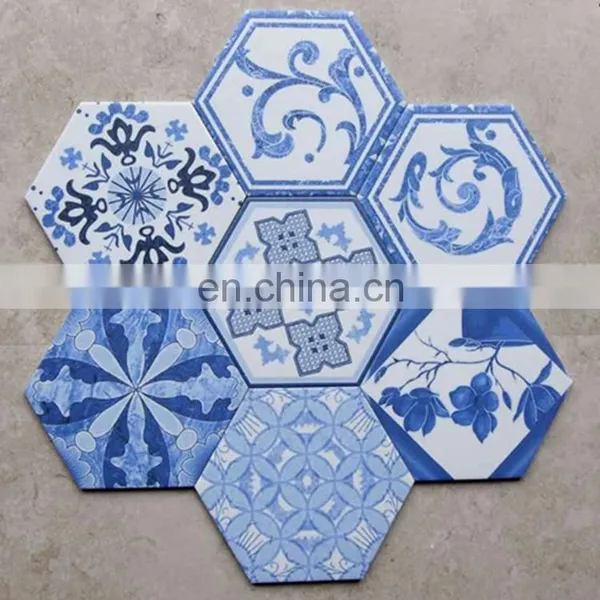 230*200*115 Art Tile Mediterranean Style Blue and White Porcelain Hex Floor Tile/Wall Tile