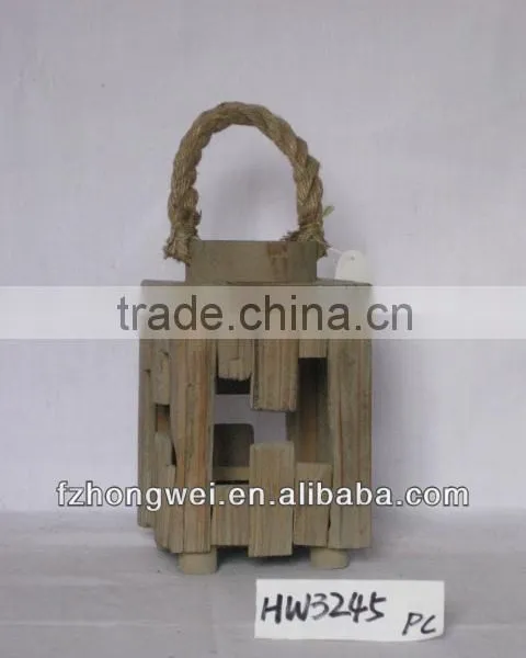 Hongwei Handmade Antique&Rustic Wooden Lantern/Candle Lantern/Candle Holder With Hemp Rope Handle for Home&Garden Decor,Durable photo-2