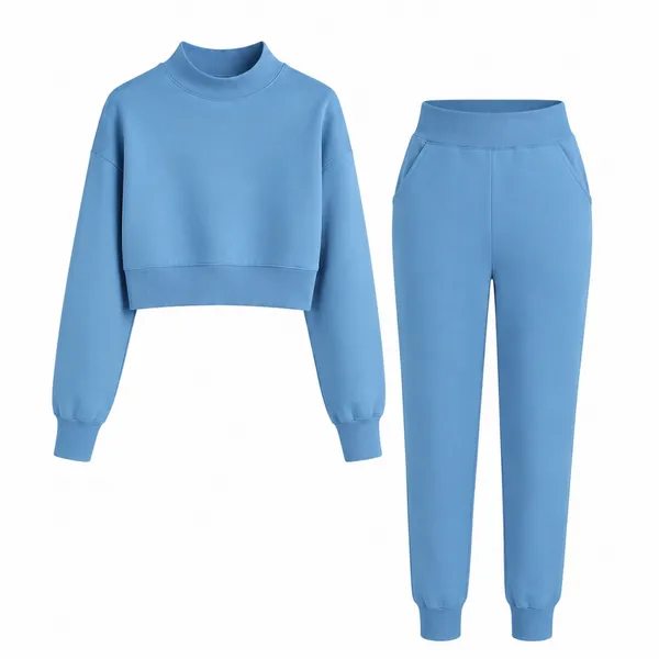 100% Polyester Mock Neck Cropped Top & Jogger Pants Two‑Piece Casual Tracksuit photo-5