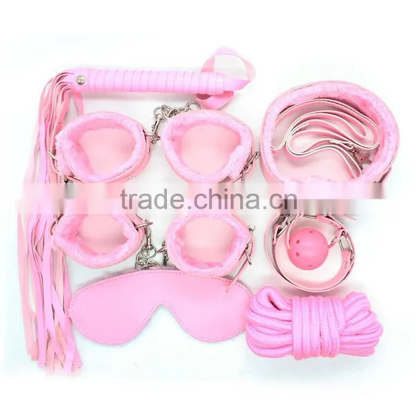 2016 Top Selling Fetish Leather Male Bondage Flirt 7 Sets in 1 Handcuffs Legcuffs Gag Eye Patch Whip Rope Collar Adult Games Toy photo-3