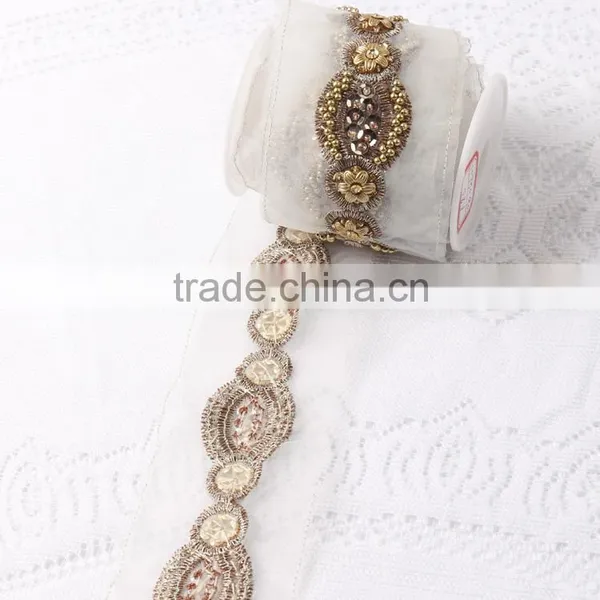 Gold Color Beaded and Sequin Lace Trimming For Dress Wholesale photo-3