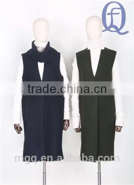 Women Wool Vest Pocket Long Vest With Scarf