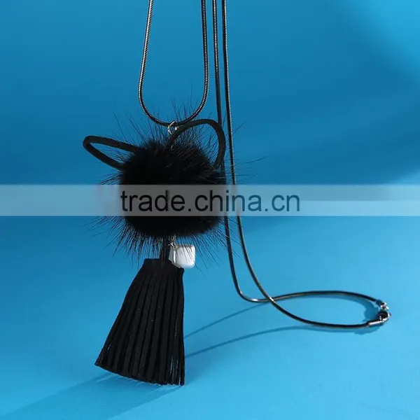 Autumn Winter Mink Hair Ball Pendant Necklace Velvet Tassel Long Necklace Long Sweater Necklace photo-2