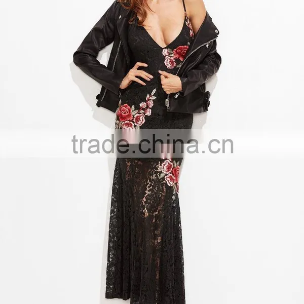OEM Service Sexy Embroidered Rose Applique Overlay Fishtail Cami Dress Pictures Of Latest Long Gown photo-2