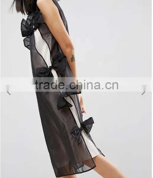 Summer Dress For Women Black Lightweight Organza Contrast Lining Crew Neck Bow Detail Midi Organza Dress