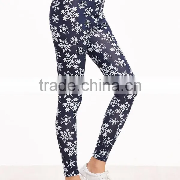 Navy Snowflake Print Leggings Polyester Spandex Outwear Sublimation Print Skinny Gym Jogger Customized Long Pants photo-2