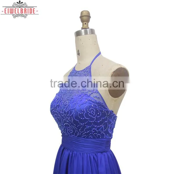 China Custom Blue A Line Beading Halter Evening Dress photo-3