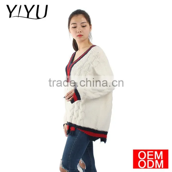 Trendy Custom School Unifrom Women V-neck Asymmetric Hem Cable Knit Sweater photo-2