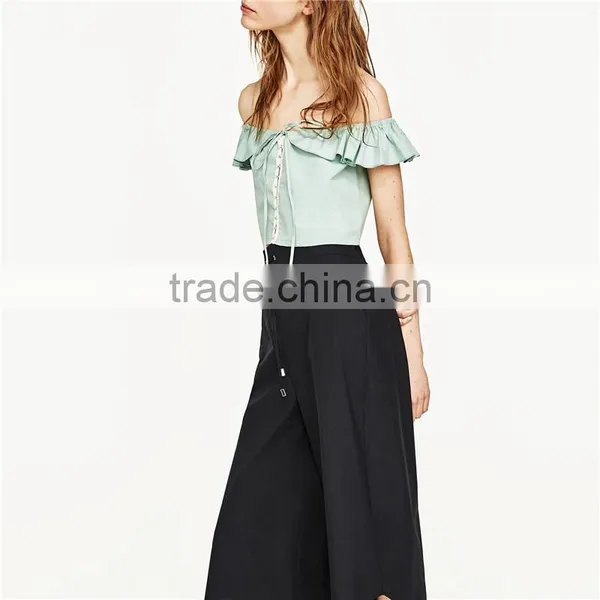 Cord Culottes Asymmetric Slacks Women Black Dress Pants photo-3