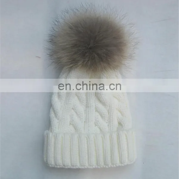 Fashion Knit Cable Hats With Big Natural Raccoon Fur Pom Poms photo-2