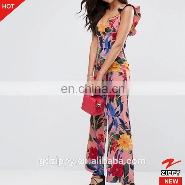 2017 New Fashion Summer Beach Tie Back Floral Pink Print Ladies Casual Ruffle Long Women Jumpsuit photo-2