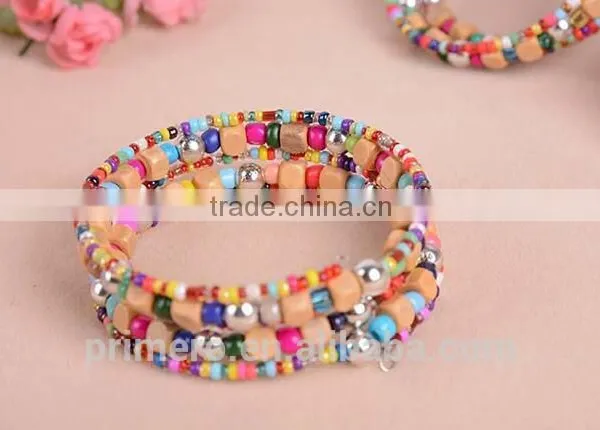 Fashion Rainbow Elastic Multilayers Square Pearl Wood Beads Bracelet Dancing Bangle photo-5