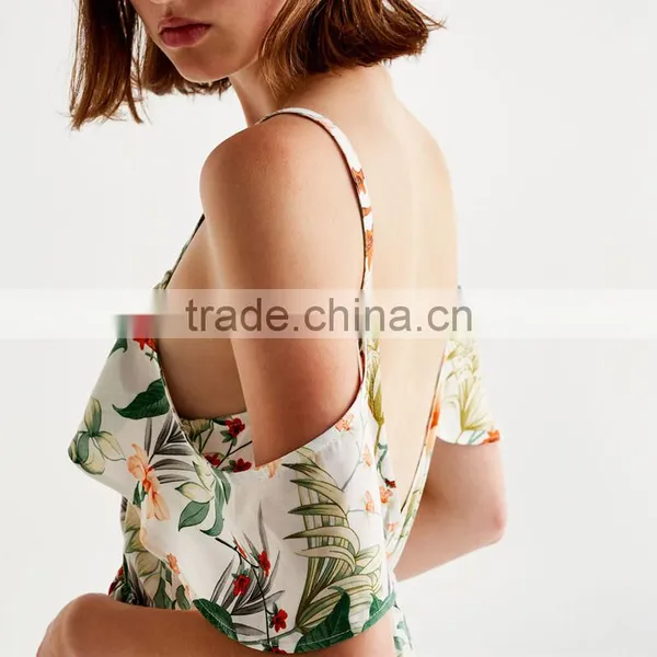 2017 Sexy V-neck and Bare Shoulder Ladies Short Floral Printed Jumpsuit photo-5