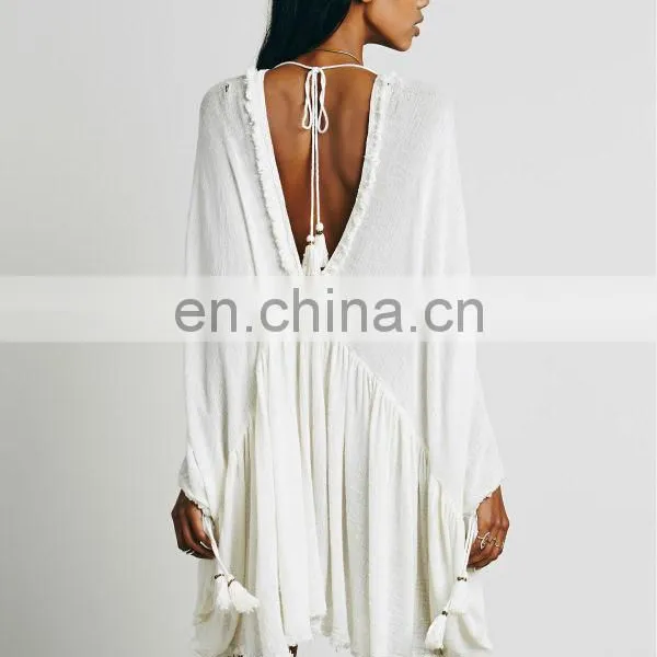 High Quality Raw Hem Cotton Gauze Dress Fashion High Low Tunic Dress photo-4