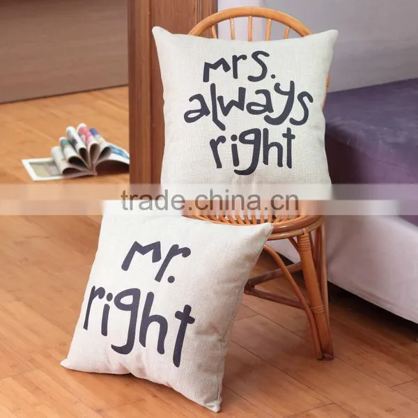 Wholesale & Retails Mr Right and Mrs Always Right Linen Cushion Covers Pillow Cases Pillow Cover 45x45cm