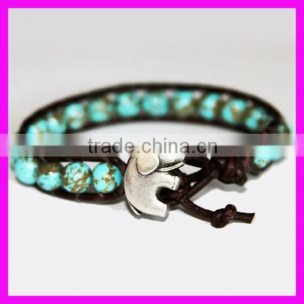 GZKJL-BL0187 Leather Wrap Gem Beads Elephant Yoga Bracelet Genuine Turquoise Beaded African Bracelet