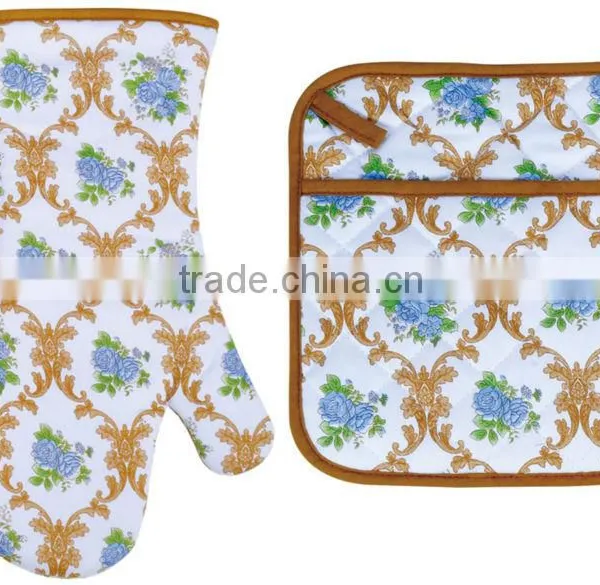 2015 HIGH QUALITY NEW DESIGN PRINTING FLOWERS AND PLANTS COTTON (OVEN MITT& POT HOLDER) KITCHEN SET MK-1702&1706