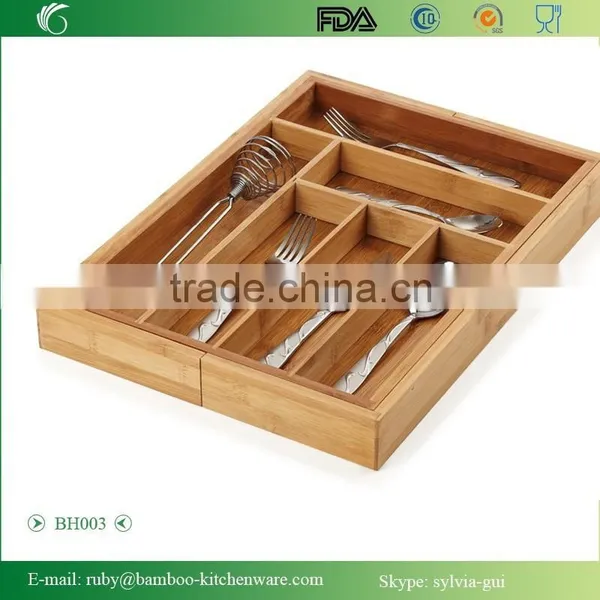 BH003/Expandable Bamboo Cutlery Drawer Organizer With Knife Block Compact Storage Tray photo-3